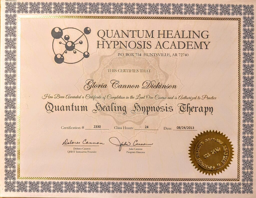 Level One Course and Authorized to practice Quantum Healing Hypnosis Therapy from Quantum Healing Hypnosis Academy as of August 24, 2013